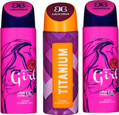 AROCHEM charming girl,titanium and charming girl combo Body Spray - For Men & Women(300 ml, Pack of 3)
AROCHEM charming girl,titanium and charming girl combo Body Spray - For Men & Women(300 ml, Pack of 3)