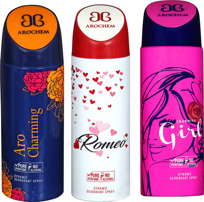 AROCHEM ARO CHARMING , ROMEO AND CHARMING GIRL DYNAMIC PURE ORIGINAL Deodorant Spray - For Men & Women(200 ml, Pack of 3)
AROCHEM ARO CHARMING , ROMEO AND CHARMING GIRL DYNAMIC PURE ORIGINAL Deodorant Spray - For Men & Women(200 ml, Pack of 3)