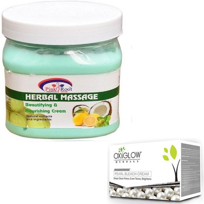 Pink Root HERBAL MASSAGE CREAM 500GM WITH OXYGLOW PEARL BLEACH 50GM(Set of 2)
