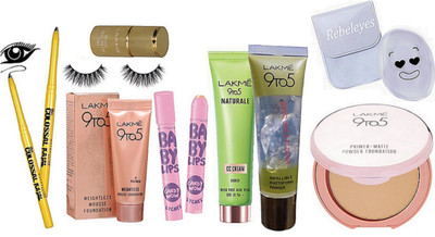 REBELEYES Silicon puff, weightless mousse foundation,naturale CC cream, mattifying base primer, mirror nail paint,eyelashes,the colossal kajal (pack of 2), maybelline new york baby lips 2,primer matte compact(Set of 11)