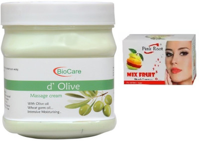 Pink Root MIX FRUIT BLEACH 43G WITH BIOCARE D'OLIVE MASSAGE CREAM 500G(Set of 2)
Pink Root MIX FRUIT BLEACH 43G WITH BIOCARE D'OLIVE MASSAGE CREAM 500G(Set of 2)