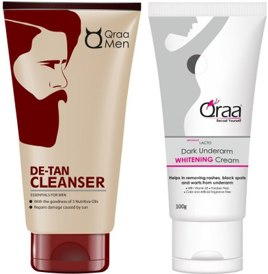 Qraa De Tan cleanser 100gm + Lacto Underarm Black spot Treatment cream 100gm(Set of 2)