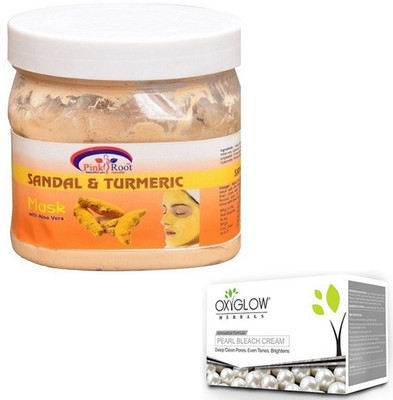 Pink Root SANDAL MASK 500GM WITH OXYGLOW PEARL BLEACH 50GM(Set of 2)