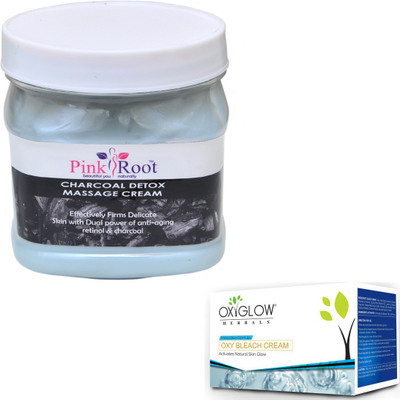 Pink Root CHARCOAL CREAM 500GM WITH OXYGLOW OXY BLEACH 50GM(Set of 2)