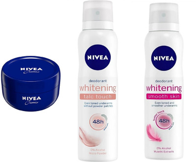 Nivea Creme (200 ML) , Whitening smooth skin deo (150 ML) & Whitening talc touch deo (150 ML)(Set of 3)
Nivea Creme (200 ML) , Whitening smooth skin deo (150 ML) & Whitening talc touch deo (150 ML)(Set of 3)