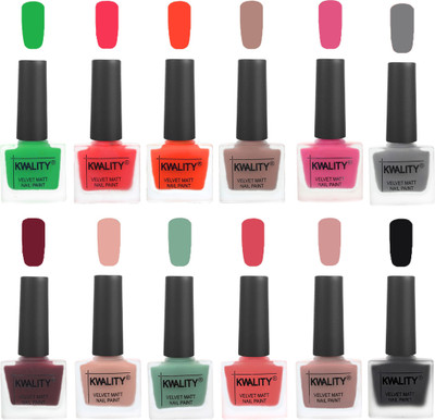 Kwality Nail Paints | Nail Polish| Nail Paint Combo Set of 12 Green-Pink Mania-Candy Orange-Salmon Run-Pink -Grey-Maroon-Salmon Pink-Mischievous Mint-Baby Pink-Salmon-Black(Pack of 12)