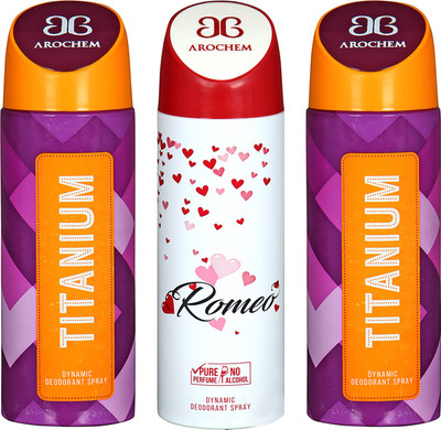 AROCHEM TITANIUM , ROMEO AND TITANIUM DYNAMIC PURE ORIGINAL Deodorant Spray - For Men & Women(200 ml, Pack of 3)
AROCHEM TITANIUM , ROMEO AND TITANIUM DYNAMIC PURE ORIGINAL Deodorant Spray - For Men & Women(200 ml, Pack of 3)