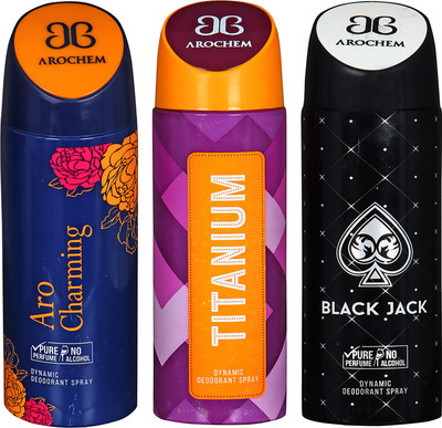 AROCHEM ARO CHARMING , TITANIUM AND BLACK JACK DYNAMIC PURE ORIGINAL Deodorant Spray - For Men & Women(200 ml, Pack of 3)
AROCHEM ARO CHARMING , TITANIUM AND BLACK JACK DYNAMIC PURE ORIGINAL Deodorant Spray - For Men & Women(200 ml, Pack of 3)