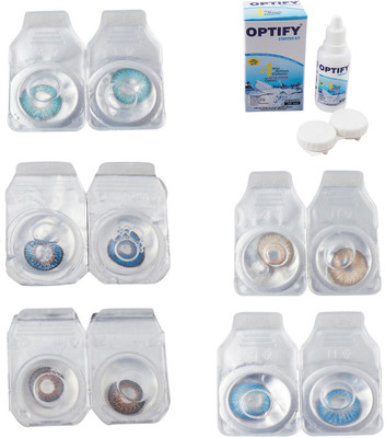 Optify Combo Pack Monthly Color Contact Lens With Solution Monthly Contact Lens(0, Aqua-Blue-Brown-Gold-Blue Topaz, Pack of 5)