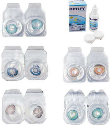 Optify Combo Pack Monthly Color Contact Lens With Solution Monthly Contact Lens(0, Aqua-Blue-Grey-Honey-Green Turquoise, Pack of 5)