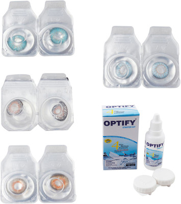 Optify Combo Pack Monthly Color Contact Lens With Solution Monthly Contact Lens(0, Aqua-Grey-Honey-Sea Blue, Pack of 4)