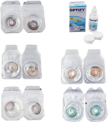 Optify Combo Pack Monthly Color Contact Lens With Solution Monthly Contact Lens(0, Brown-Gold-Grey-Honey-Green Turquoise, Pack of 5)