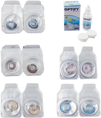 Optify Combo Pack Monthly Color Contact Lens With Solution Monthly Contact Lens(0, Blue-Brown-Hazel-Violet-Blue Topaz, Pack of 5)