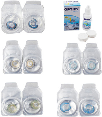 Optify Combo Pack Monthly Color Contact Lens With Solution Monthly Contact Lens(0, Blue-Natural Grey-Green-Sea Blue-Blue Topaz, Pack of 5)