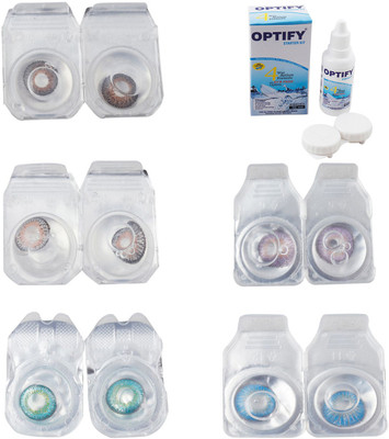 Optify Combo Pack Monthly Color Contact Lens With Solution Monthly Contact Lens(0, Brown-Grey-Green Turquoise-Violet-Blue Topaz, Pack of 5)