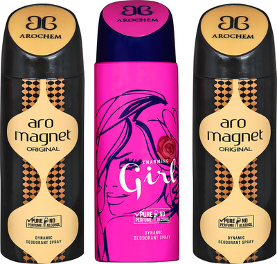 AROCHEM ARO MAGNET , CHARMING GIRL AND ARO MAGNET DYNAMIC PURE ORIGINAL Deodorant Spray - For Men & Women(200 ml, Pack of 3)
AROCHEM ARO MAGNET , CHARMING GIRL AND ARO MAGNET DYNAMIC PURE ORIGINAL Deodorant Spray - For Men & Women(200 ml, Pack of 3)