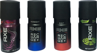 AXE PROVOKE, MIDNIGHT, 24X7 , PULSE (PACK OF 4) Deodorant Spray - For Men(150 ml, Pack of 4)
AXE PROVOKE, MIDNIGHT, 24X7 , PULSE (PACK OF 4) Deodorant Spray - For Men(150 ml, Pack of 4)