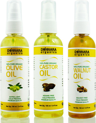 Donnara Organics Premium Olive oil, Castor oil & Walnut oil Combo pack of 3 bottles of 100ml(300 ml) Hair Oil(300 ml)
Donnara Organics Premium Olive oil, Castor oil & Walnut oil Combo pack of 3 bottles of 100ml(300 ml) Hair Oil(300 ml)