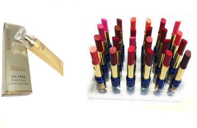 Miss Boss cinema waterproof Lipstick Set Of 24 (Multicolor) ,Glam Oil-Free LongLasting Matte Face Primer - 40 ml combo ,(Set of 2) 
Miss Boss cinema waterproof Lipstick Set Of 24 (Multicolor) ,Glam Oil-Free LongLasting Matte Face Primer - 40 ml combo ,(Set of 2)
