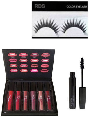 RDS Combo of Liquid Lipstick set of 6, Mascara and Eyelashes(Set of 8)