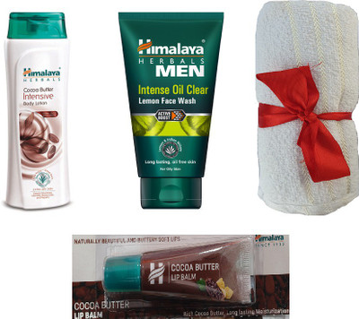 Himalaya Cocoa Butter Intensive Body Lotion, Intense Oil Clear Lemon Face Wash, Face Towel, Cocoa Butter Lip Balm(Set of 4)