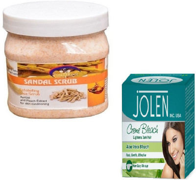 Pink Root SANDAL SCRUB 500GM WITH JOLEN ALOEVERA CREME BLEACH 28GM(Set of 2)