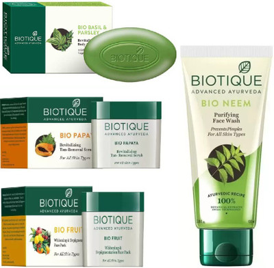 BIOTIQUE BIO Neem Face Wash, Papaya Revitalizing Tan-Removal Scrub, Fruit Whitening & Depigmentation Face Pack,BASIL SOAP(Set of 4)
BIOTIQUE BIO Neem Face Wash, Papaya Revitalizing Tan-Removal Scrub, Fruit Whitening & Depigmentation Face Pack,BASIL SOAP(Set of 4)