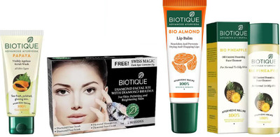 BIOTIQUE BIO Papaya Exfoliating Face Wash, Bio Pineapple Oil Control Face Cleanser, Bio Diamond White Facial Kit , LIP CARE(Set of 4)