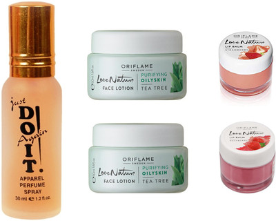 Oriflame Sweden love nature face lotion tea tree pack of 2 , love nature strawberry and raspberry lip balm with do it parfum(Set of 5) 
Oriflame Sweden love nature face lotion tea tree pack of 2 , love nature strawberry and raspberry lip balm with do it parfum(Set of 5)