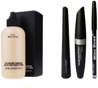 Miss Boss Studio Perfect Finish Face & Body Foundation and Eyebrow Black Pencil, Mascara & Eyeliner (Set of 3) combo(Set of 4)
Miss Boss Studio Perfect Finish Face & Body Foundation and Eyebrow Black Pencil, Mascara & Eyeliner (Set of 3) combo(Set of 4)