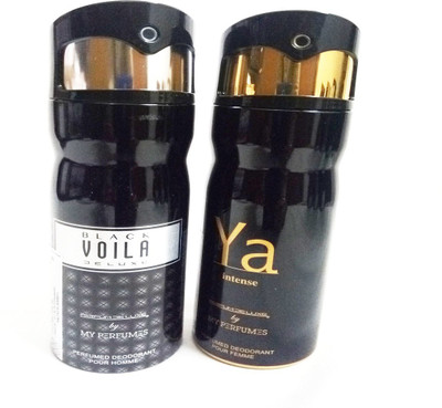 PARFUMDELUXE YA INTENSE AND BLACK VOILA DELUXE Deodorant Spray - For Men & Women(400 ml, Pack of 2) 
PARFUMDELUXE YA INTENSE AND BLACK VOILA DELUXE Deodorant Spray - For Men & Women(400 ml, Pack of 2)