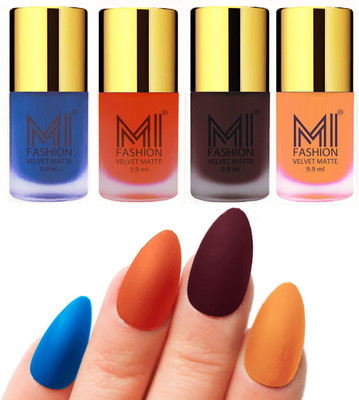 MI Fashion Premium Quality Dull Velvet Matte Nail Polish Duo Pont Flat Brush Exclusive Combo Navy Blue,Orange,Wine,Saffron Orange(Pack of 4)
MI Fashion Premium Quality Dull Velvet Matte Nail Polish Duo Pont Flat Brush Exclusive Combo Navy Blue,Orange,Wine,Saffron Orange(Pack of 4)