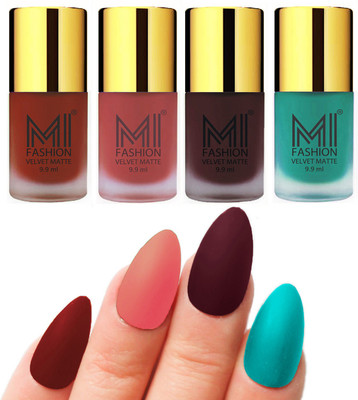 MI Fashion Premium Quality Dull Velvet Matte Nail Polish Duo Pont Flat Brush Exclusive Combo Cherry Red,Light Peach,Wine,Sky Blue(Pack of 4)
MI Fashion Premium Quality Dull Velvet Matte Nail Polish Duo Pont Flat Brush Exclusive Combo Cherry Red,Light Peach,Wine,Sky Blue(Pack of 4)
