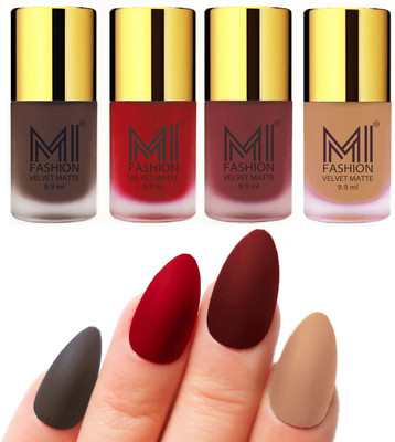 MI Fashion Premium Quality Dull Velvet Matte Nail Polish Duo Pont Flat Brush Exclusive Combo Coffee,Tomato Red,Maroon,Nude(Pack of 4)