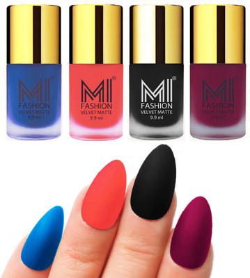 MI Fashion Premium Quality Dull Velvet Matte Nail Polish Duo Pont Flat Brush Exclusive Combo Navy Blue,Neon Orange,Black,Magenta(Pack of 4) 
MI Fashion Premium Quality Dull Velvet Matte Nail Polish Duo Pont Flat Brush Exclusive Combo Navy Blue,Neon Orange,Black,Magenta(Pack of 4)
