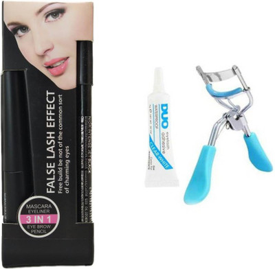Rtb Eyeliner, Mascara, Eyebrow pencil (3in1) with Eyelash Curler and Eyelash Glue(Set of 5)