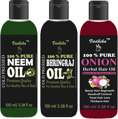 Vadhika 100% Pure Bhringraj Oil And Neem Oil & ONION Oil -(100ml)-Pack of-3-Bottle-(300ml) Hair Oil-(300ml) Hair Oil (300 ml) Hair Oil(300 ml)