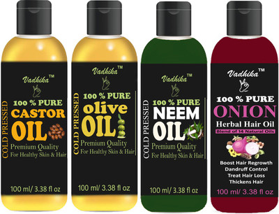 Vadhika Premium Castor oil,Olive oil, Neem oil & Onion oil Combo of 4 bottles of 100 ml(400ml) Hair Oil (400 ml) Hair Oil(400 ml)
Vadhika Premium Castor oil,Olive oil, Neem oil & Onion oil Combo of 4 bottles of 100 ml(400ml) Hair Oil (400 ml) Hair Oil(400 ml)