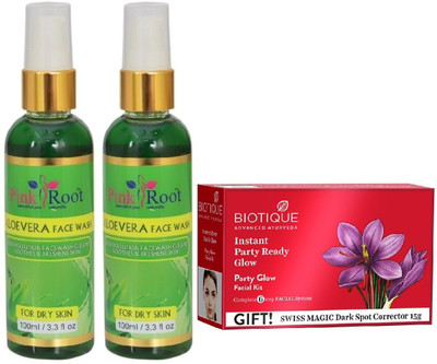 Pink Root ALOEVERA FACE WASH 2 PCS WITH BIOTIQUE PARTY GLOW FACIAL KIT 65GM(Set of 3)