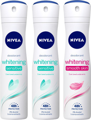 Nivea Whitening Sensitive Deodorant & Whitening Smooth Deodorant Body Spray - For Women(450 ml, Pack of 3)
Nivea Whitening Sensitive Deodorant & Whitening Smooth Deodorant Body Spray - For Women(450 ml, Pack of 3)