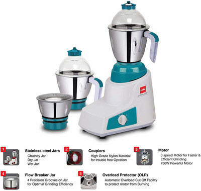 Cello Crysta 750 W Mixer Grinder (White, Blue, 3 Jars) 750 W Mixer Grinder(Blue, 3 Jars)
Cello Crysta 750 W Mixer Grinder (White, Blue, 3 Jars) 750 W Mixer Grinder(Blue, 3 Jars)