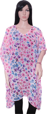 Hanlax Floral Print Chiffon Women's Kaftan, White