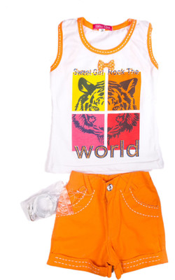 Cuddlezz Girls Party(Festive) Top Shorts(White, Orange