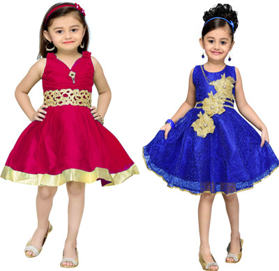 Adiva Girls Midi/Knee Length Party Dress(Blue, Sleeveless, Blue-magenta