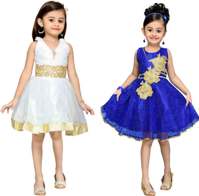 Adiva Girls Midi/Knee Length Party Dress(Blue, Blue& white