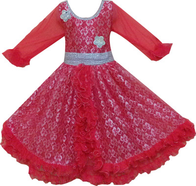 Fashionitz Girls Maxi/Full Length Party Dress(Red, Full Sleeve