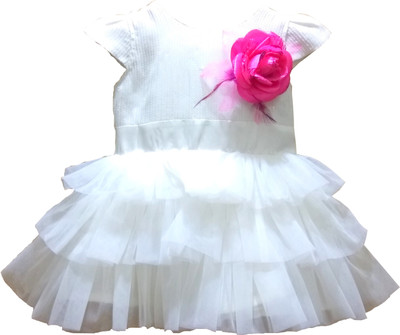 icepice Girls Midi/Knee Length Party Dress(White, Sleeveless