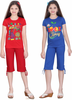 Sini Mini Kids Nightwear Girls Printed, Solid Cotton(Multicolor Pack of 2