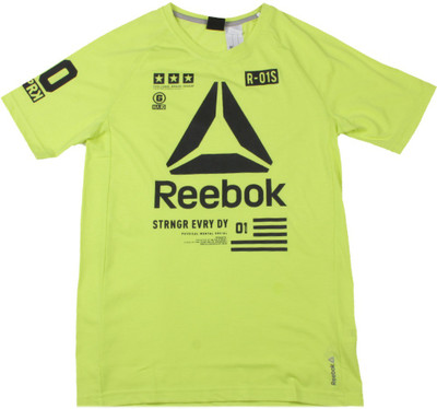 REEBOK Boys Printed Cotton Polyester Blend T Shirt(Yellow, Pack of 1, Heryel