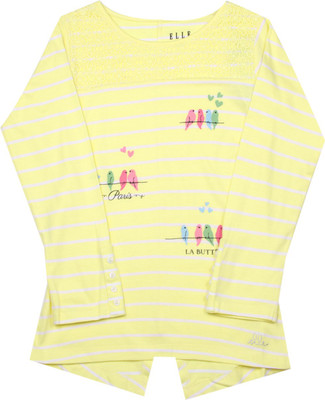 Elle Kids Girls Striped Cotton T Shirt(Yellow, Pack of 1, Me. yellow